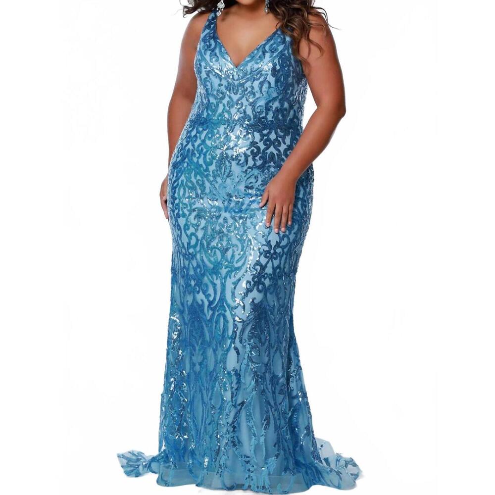 NEW SYDNEY'S CLOSET sequin v-neck gown - plus in bluejay
